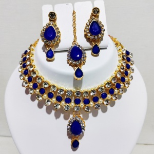 Dark Blue Short Necklace with Earrings and Bindi