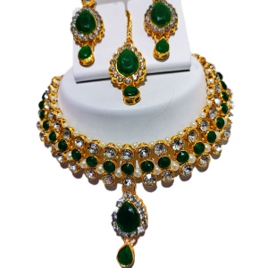 Fancy and Trendy Green and White Diamond Necklace Set with Bindi