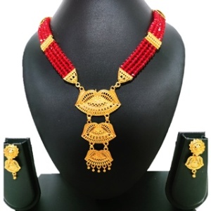 Red Beads and Golden Pendent Layered Necklace - Imitation Jewelry