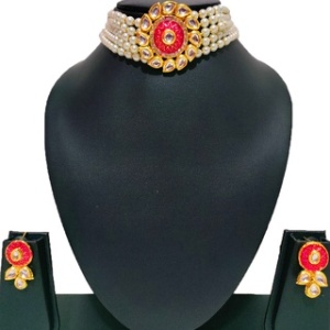 KUS85-O ST Single Locket Choker Set Orange and White with Earrings
