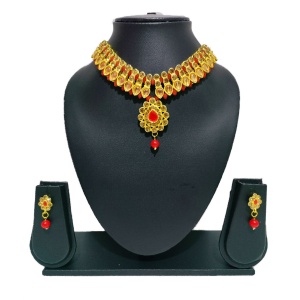 Traditional Unique Festive Design Red Necklace Set with Earrings