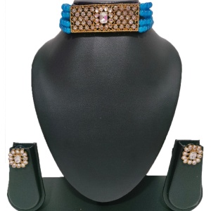 Fancy Blue Rectangle Choker Set with Ear Rings